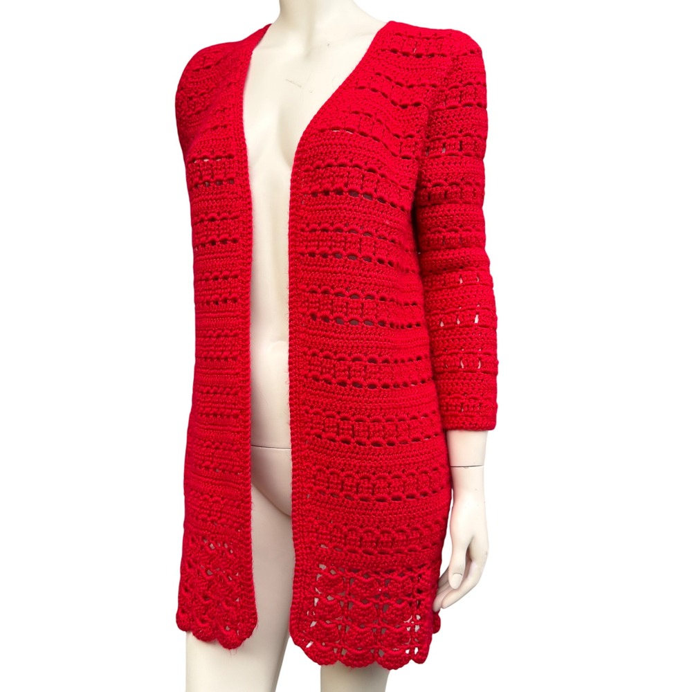 Vintage‎ Red  Open Front Longline Cardigan Handmade Hippiecore Grandmacore S/M
